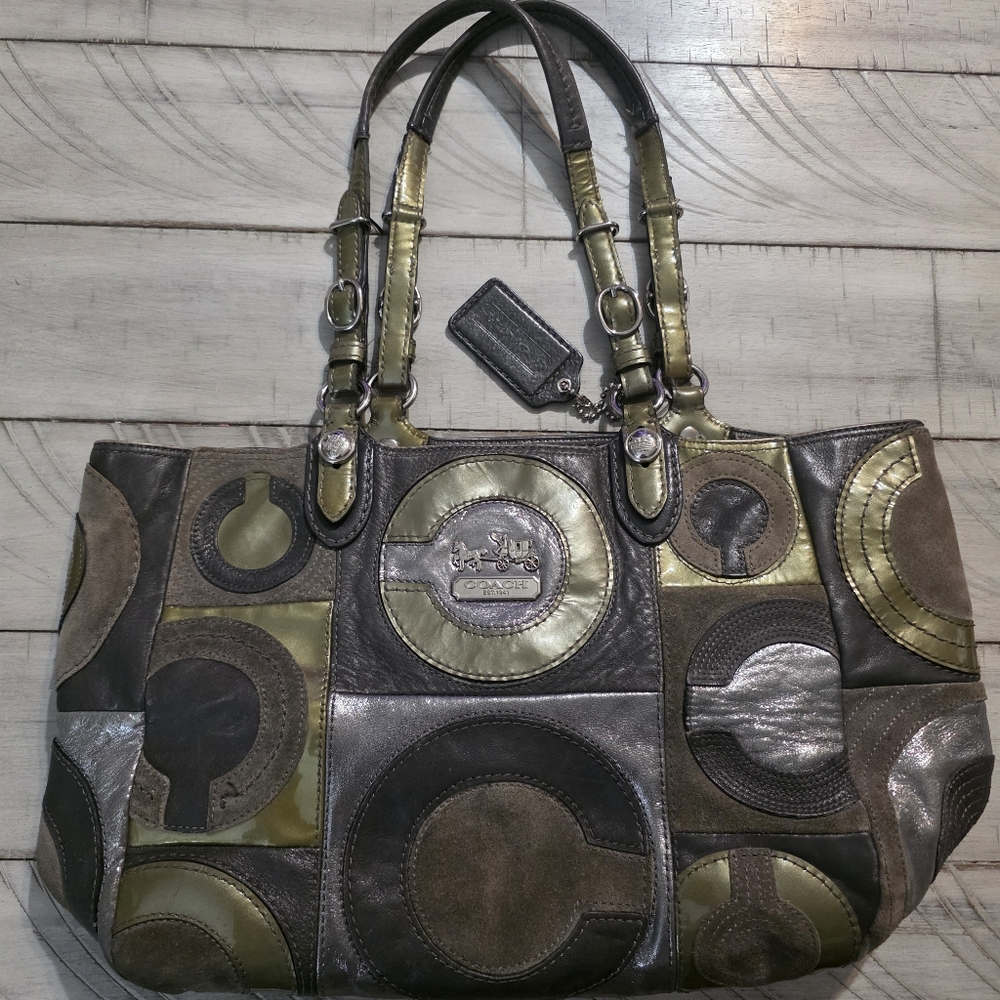 Coach Olive, Brown and Metallic Patchwork Tote - Coach